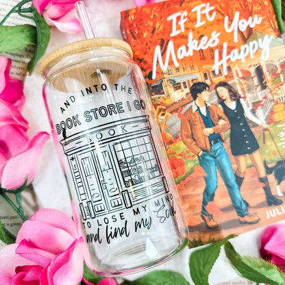 Into the Bookstore I Go Clear Glass Cup with Bamboo Lid and Straw - Perfect for Bookstore Adventures and Daily Sips - Starry Skies Austin