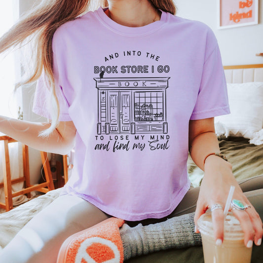 Into the Bookstore I Go Comfort Colors Boxy Cropped Shirt | Premium Heavyweight Bookish Top for Stylish Bookstore Adventures - Starry Skies Austin