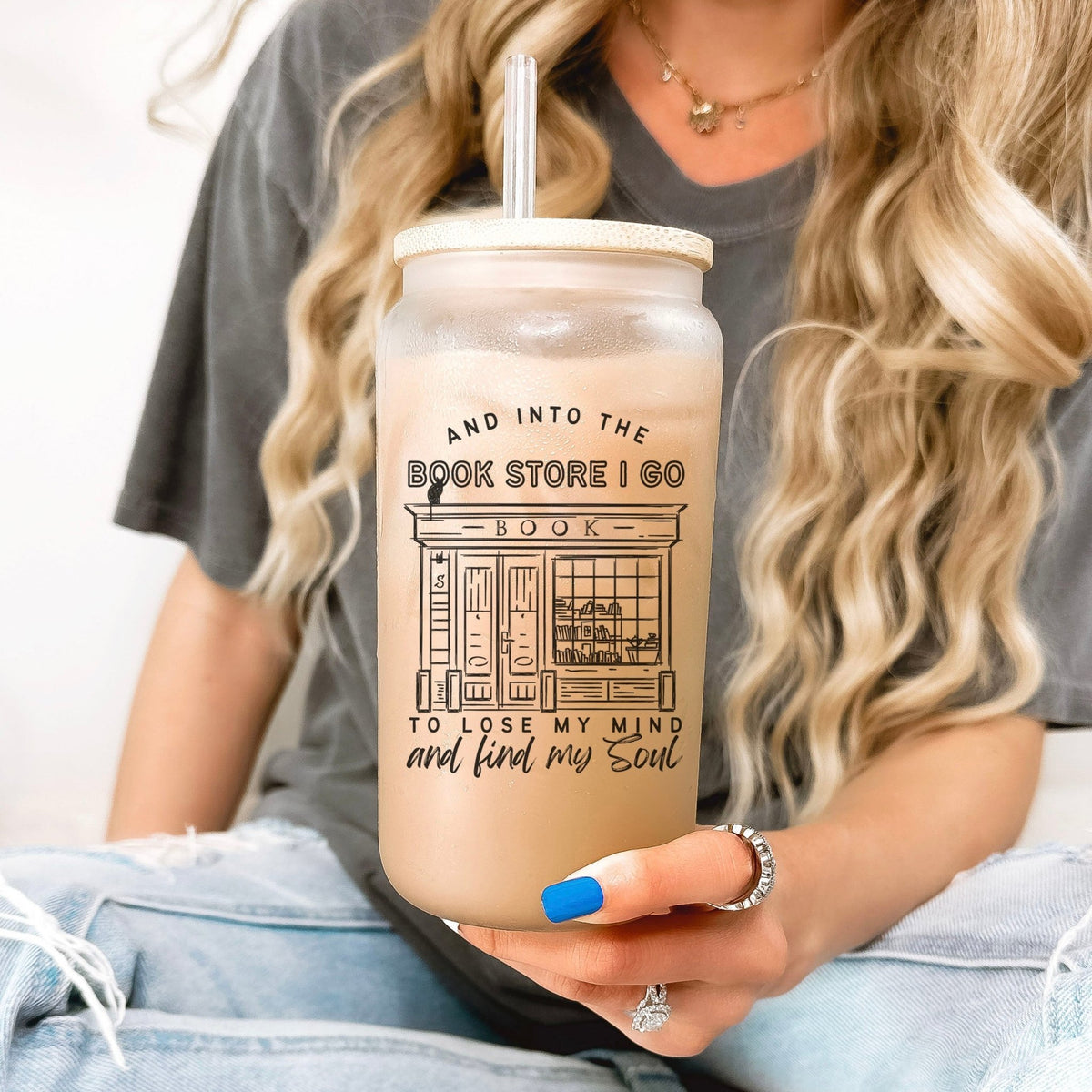 Into the Bookstore I Go Frosted Glass Cup | Bamboo Lid and Straw - Starry Skies Austin