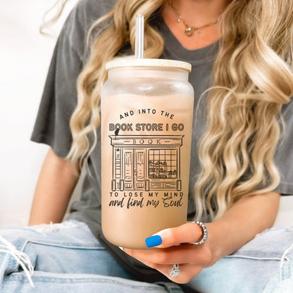 Into the Bookstore I Go Frosted Glass Cup | Bamboo Lid and Straw - Starry Skies Austin