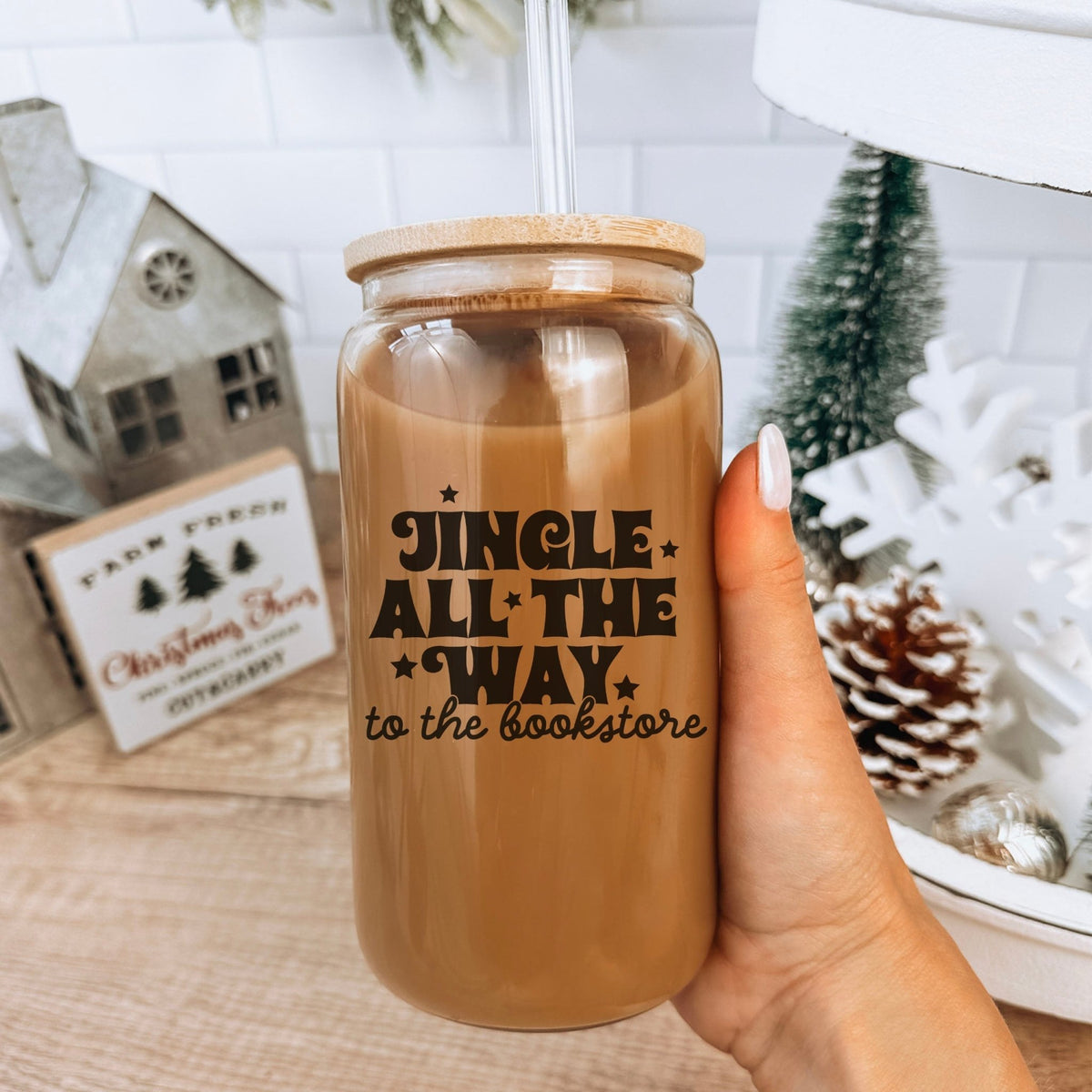 Jingle All The Way To The Bookstore Clear Glass Cup With Bamboo Lid And Straw - Starry Skies Austin