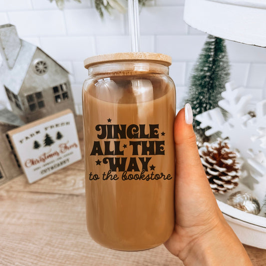 Jingle All The Way To The Bookstore Clear Glass Cup With Bamboo Lid And Straw - Starry Skies Austin