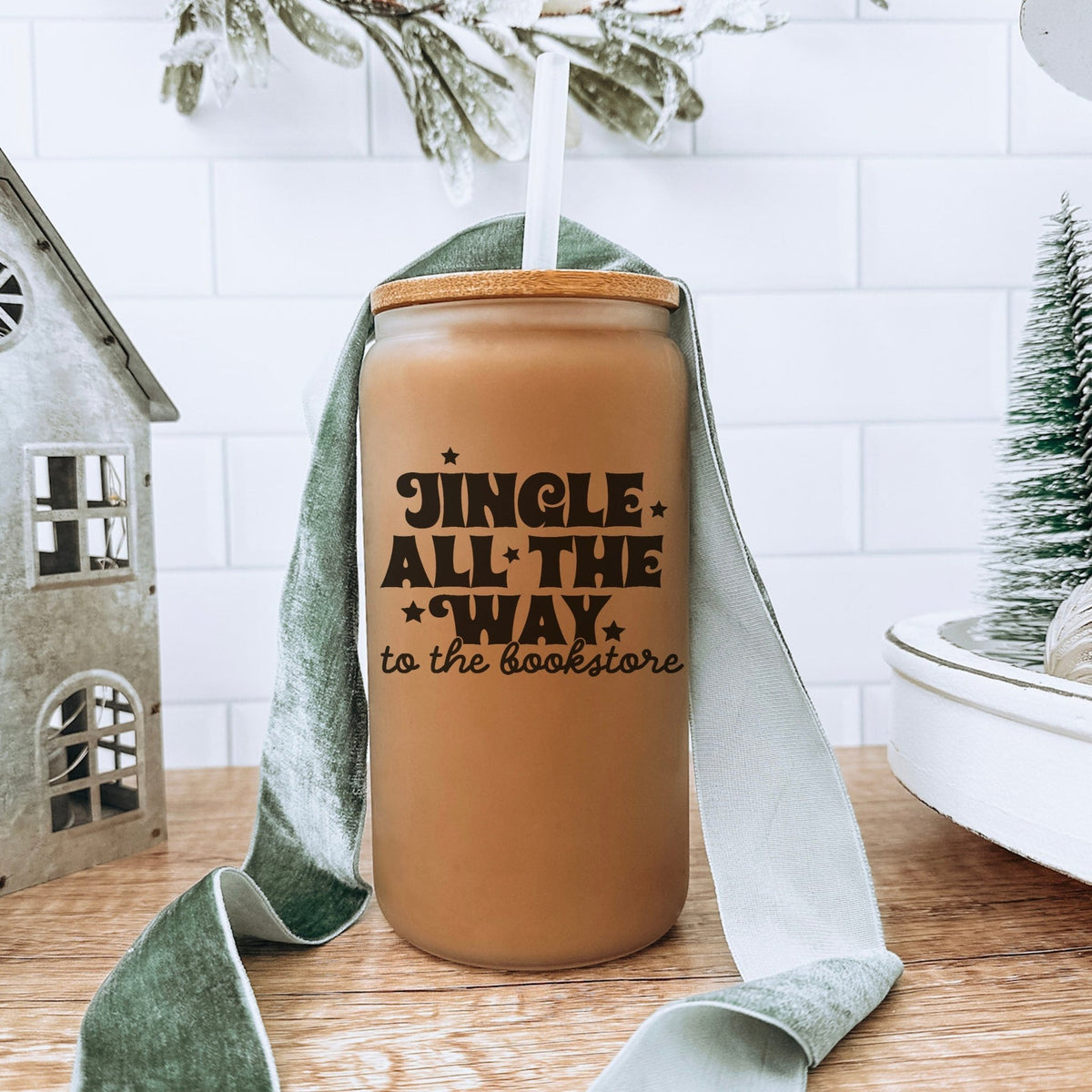 Jingle All The Way To The Bookstore Frosted Glass Cup with Bamboo Lid and Straw - Starry Skies Austin
