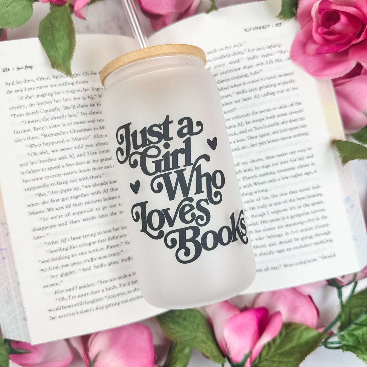 Just A Girl Who Loves Books Frosted Glass Cup | Bookish Glass Cup with Bamboo Lid and Straw - Starry Skies Austin