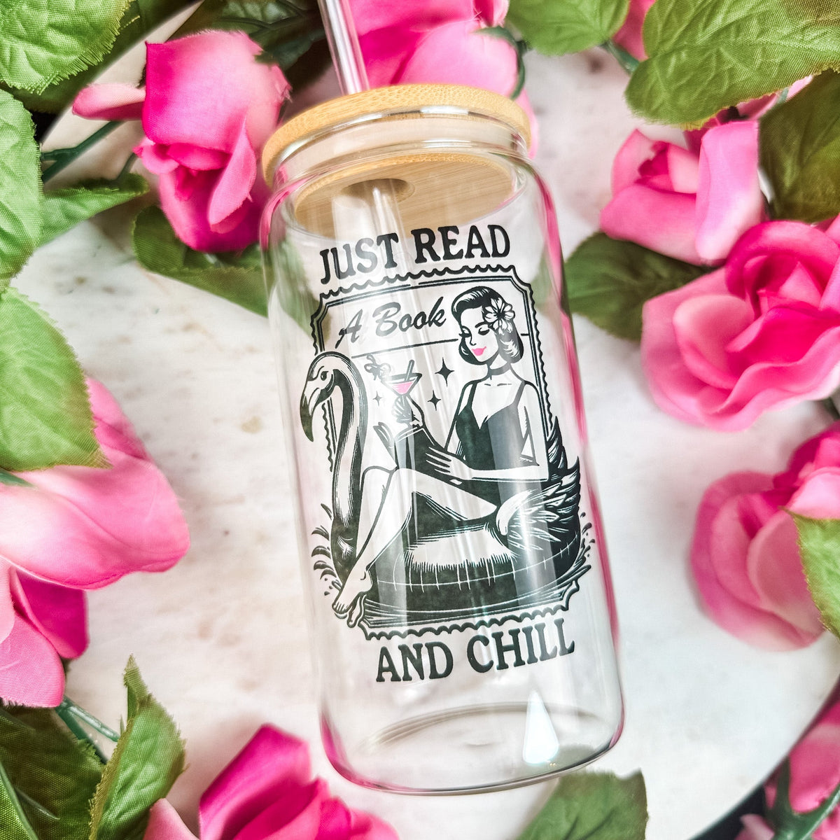 Just Read and Chill Clear Glass 16oz Cup - Starry Skies Austin