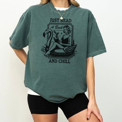 Just Read and Chill Premium Heavyweight Comfort Colors Shirt - Retro Summer Bookish Tee - Starry Skies Austin
