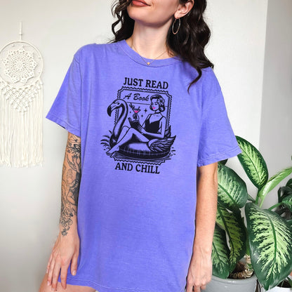 Just Read and Chill Premium Heavyweight Comfort Colors Shirt - Retro Summer Bookish Tee - Starry Skies Austin