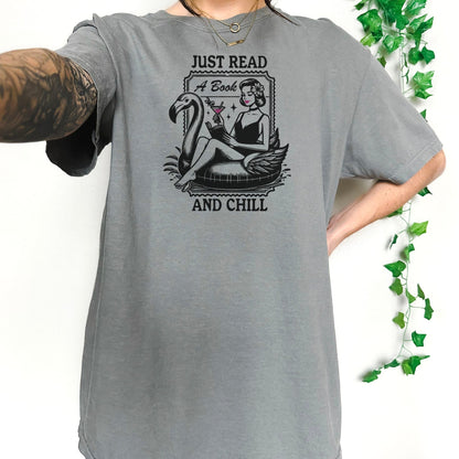Just Read and Chill Premium Heavyweight Comfort Colors Shirt - Retro Summer Bookish Tee - Starry Skies Austin