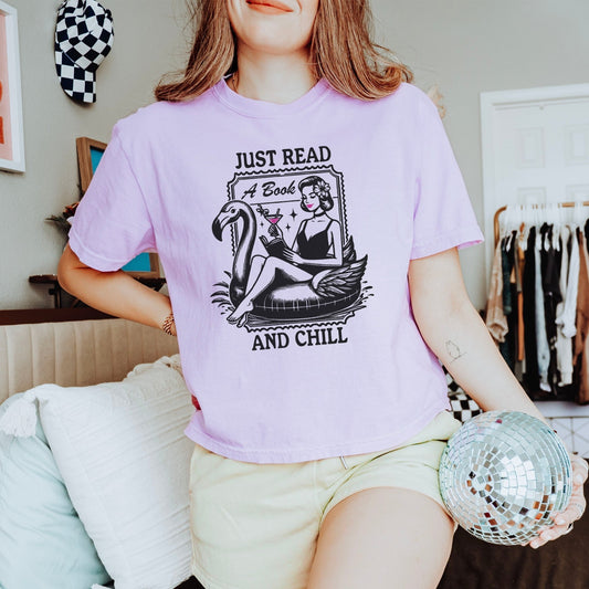 Just Read and Chill Retro Bookish Boxy Cropped Shirt - Premium Comfort Colors Tee for Book Lovers - Starry Skies Austin