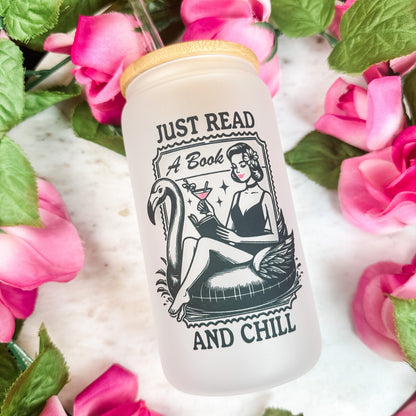 Just Read and Chill Retro Frosted Glass Cup - Bamboo Lid & Straw for Book Lovers - Starry Skies Austin