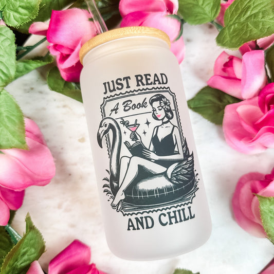 Just Read and Chill Retro Frosted Glass Cup - Bamboo Lid & Straw for Book Lovers - Starry Skies Austin