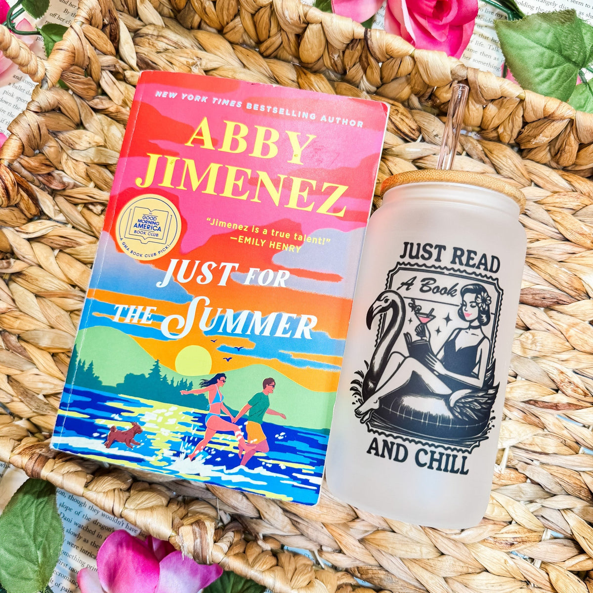 Just Read and Chill Retro Frosted Glass Cup - Bamboo Lid & Straw for Book Lovers - Starry Skies Austin