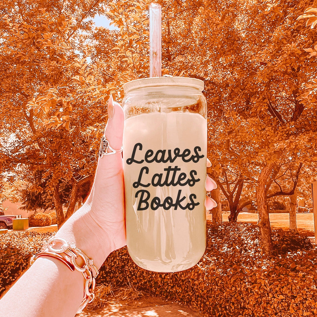 Leaves, Lattes, Books Clear Glass Cup - Starry Skies Austin