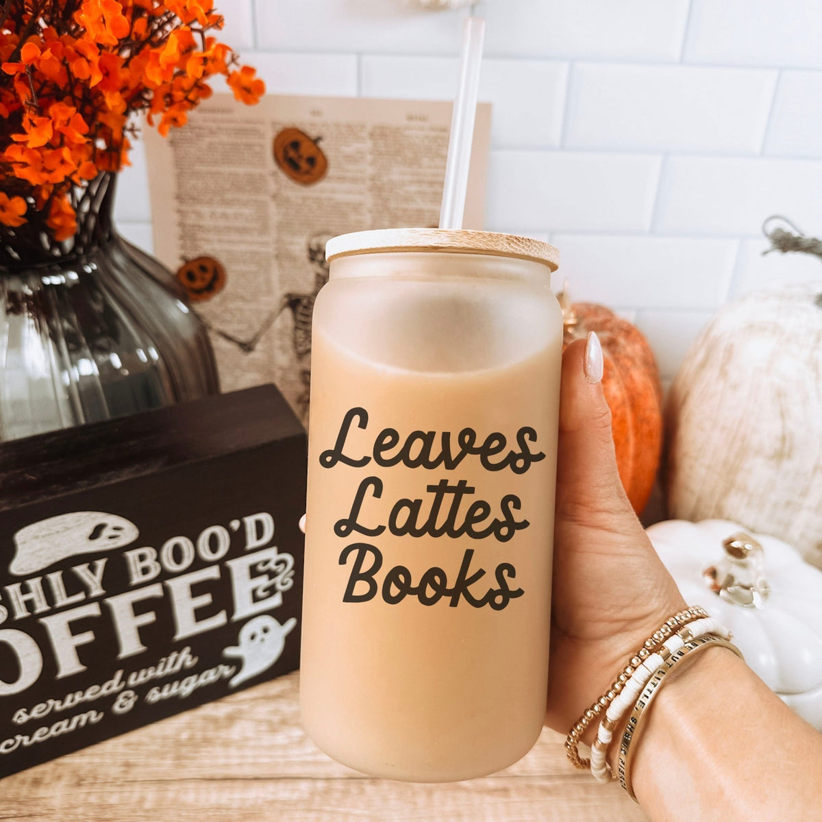 Leaves, Lattes, Books Frosted Glass Cup - Starry Skies Austin