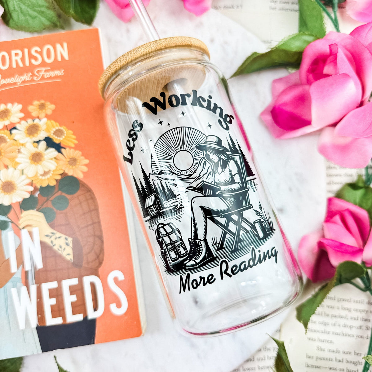 Less Working More Reading 16oz Clear Glass Cup | Perfect for Cozy Outdoor Sessions - Starry Skies Austin