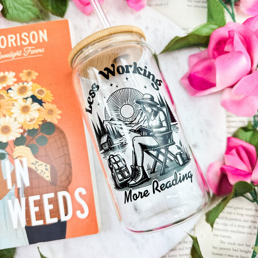 Less Working More Reading 16oz Clear Glass Cup | Perfect for Cozy Outdoor Sessions - Starry Skies Austin