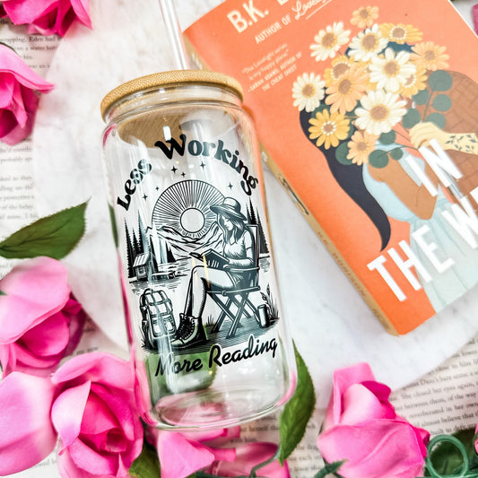 Less Working More Reading 16oz Clear Glass Cup | Perfect for Cozy Outdoor Sessions - Starry Skies Austin