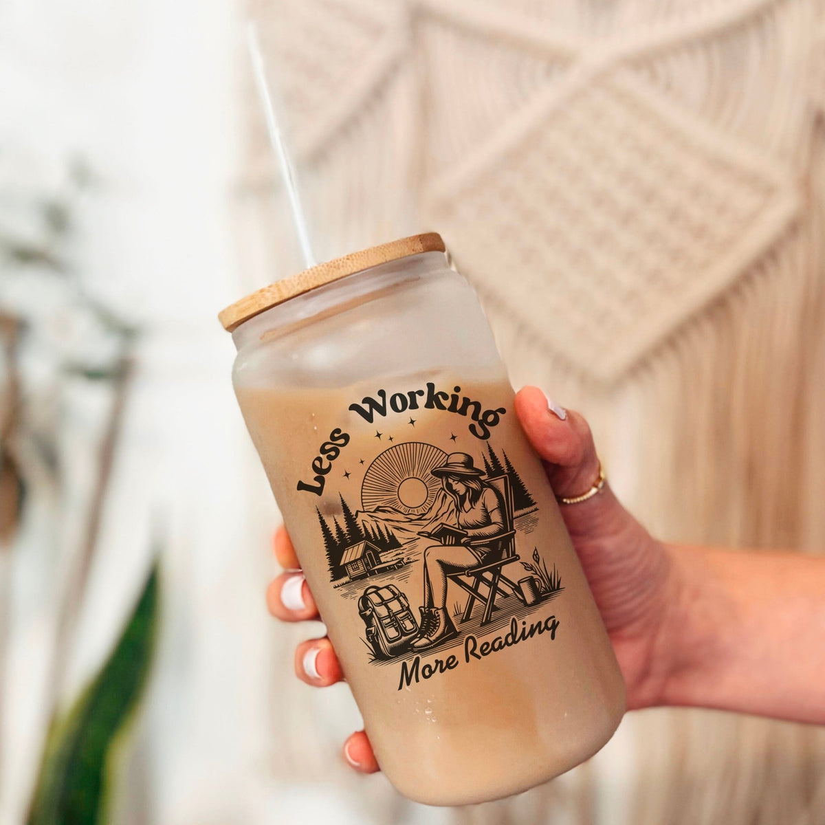 Less Working, More Reading- 16oz Frosted Glass Cup | Book Lovers Cup - Starry Skies Austin