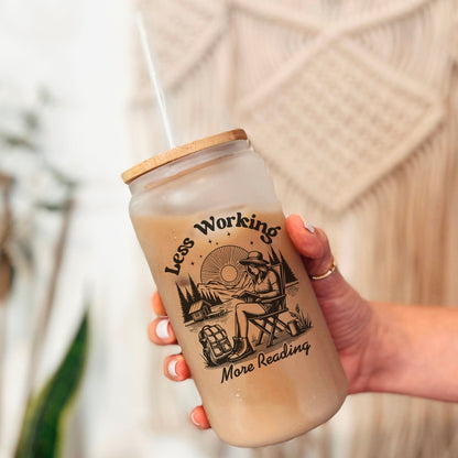 Less Working, More Reading- 16oz Frosted Glass Cup | Book Lovers Cup - Starry Skies Austin