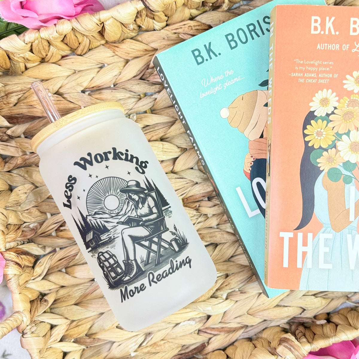 Less Working, More Reading- 16oz Frosted Glass Cup | Book Lovers Cup - Starry Skies Austin