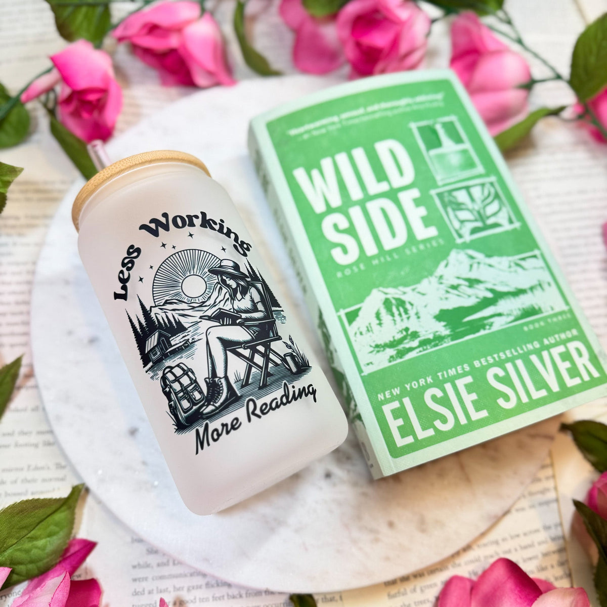 Less Working, More Reading- 16oz Frosted Glass Cup | Book Lovers Cup - Starry Skies Austin