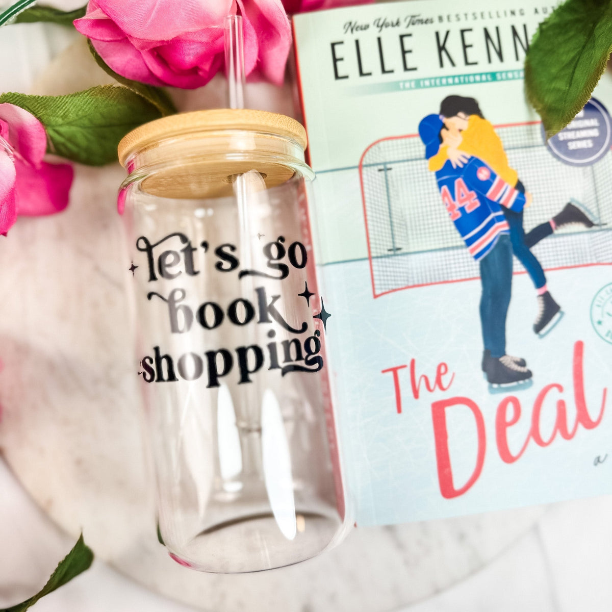 Let’s Go Book Shopping Clear Glass Cup with Bamboo Lid and Reusable Straw - Starry Skies Austin