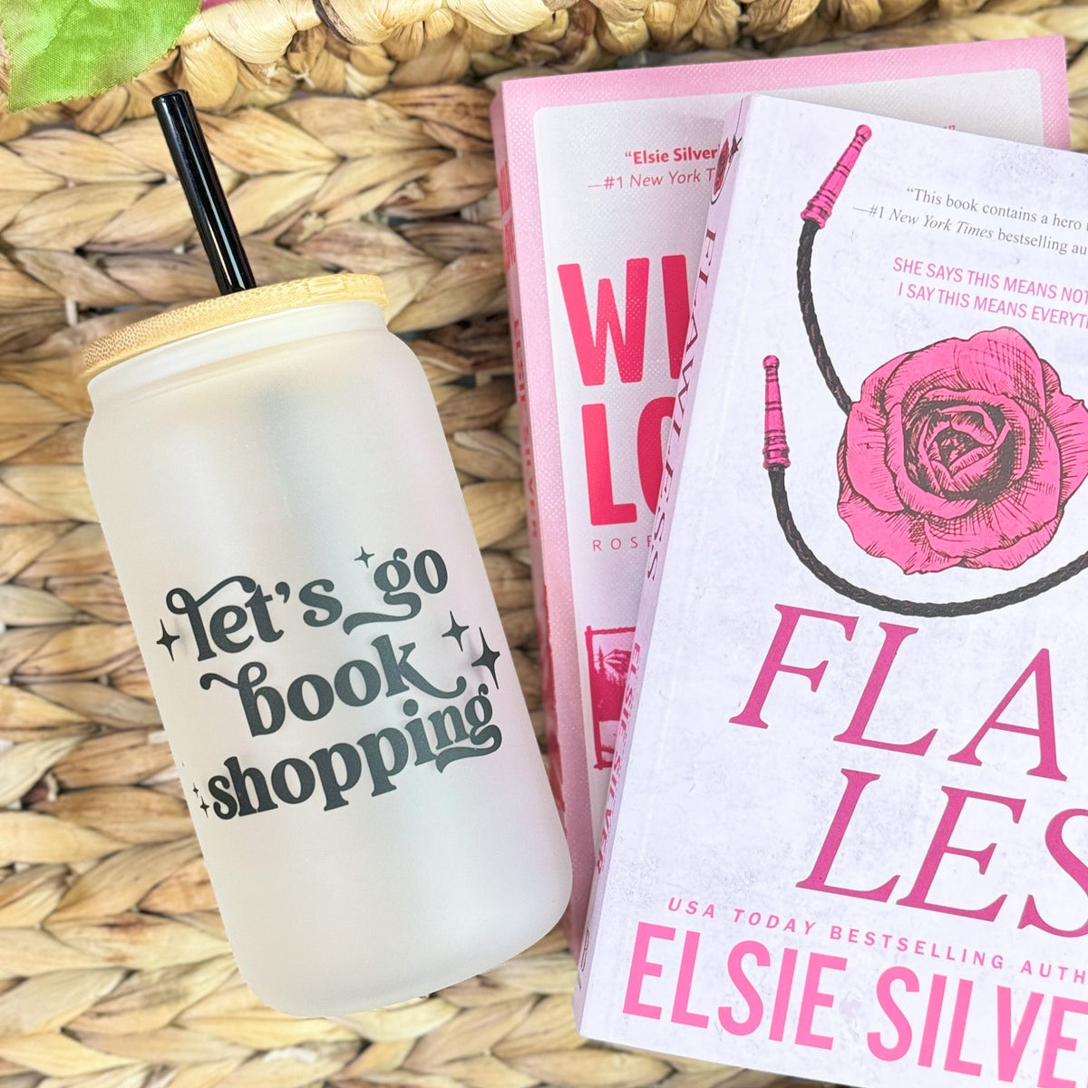 Let’s Go Book Shopping Frosted Glass Cup with Bamboo Lid and Reusable Straw - Starry Skies Austin