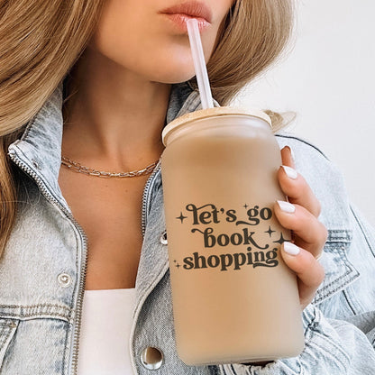 Let’s Go Book Shopping Frosted Glass Cup with Bamboo Lid and Reusable Straw - Starry Skies Austin