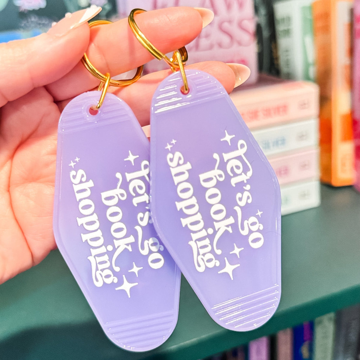 Let’s Go Book Shopping Retro Motel Keychain – UVF Decal Bookish Accessory - Starry Skies Austin