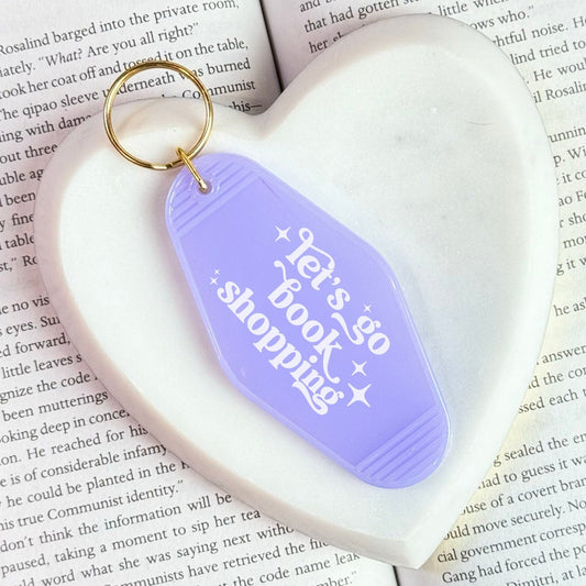Let’s Go Book Shopping Retro Motel Keychain – UVF Decal Bookish Accessory - Starry Skies Austin
