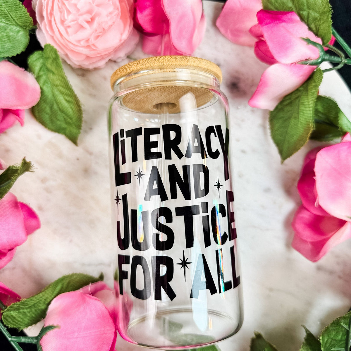 Literacy And Justice For All Clear Glass Cup with Bamboo Lid & Straw - Starry Skies Austin