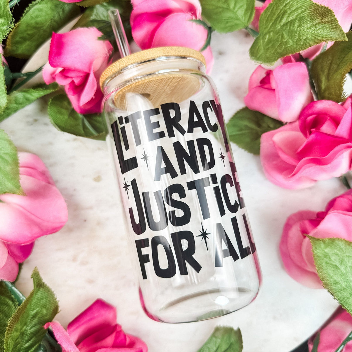 Literacy And Justice For All Clear Glass Cup with Bamboo Lid & Straw - Starry Skies Austin