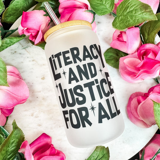 Literacy And Justice For All Frosted Glass Cup with Bamboo Lid & Straw - Starry Skies Austin