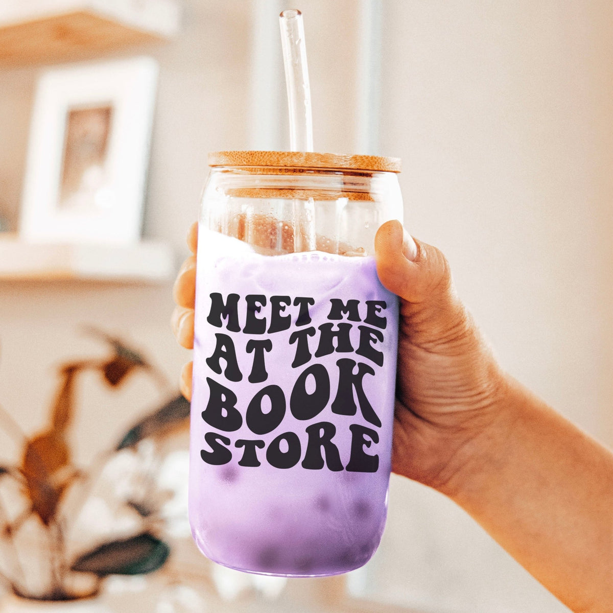 Meet Me at the Bookstore Clear Glass Cup with Bamboo Lid and Straw | Perfect Bookish Tumbler for Coffee, Tea, and Bookstore Adventures - Starry Skies Austin