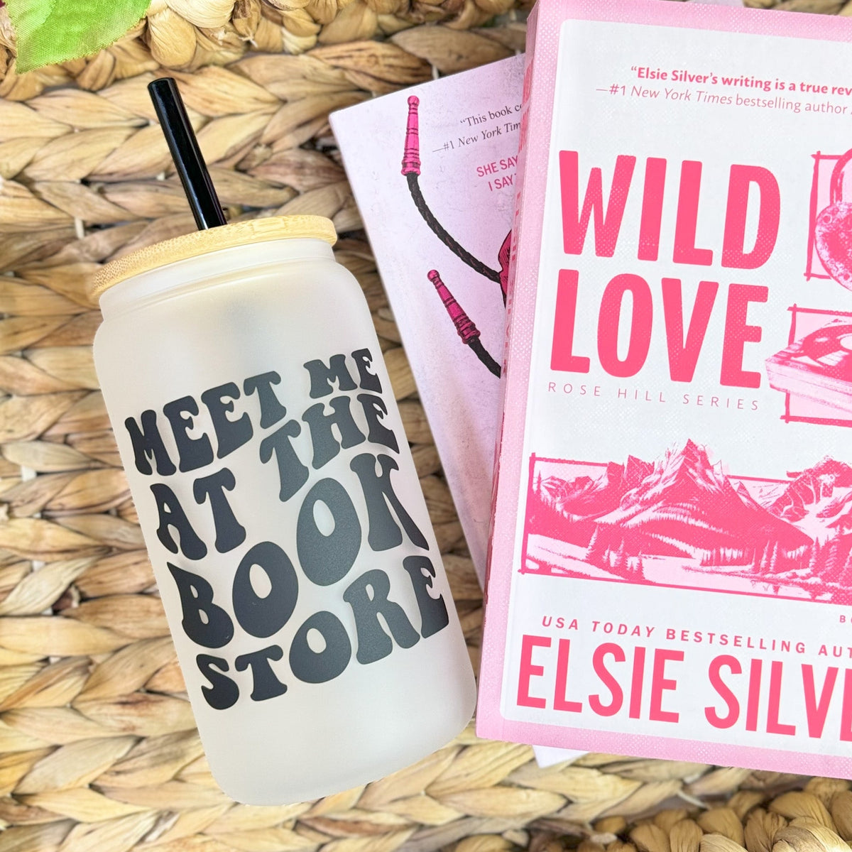 Meet Me at the Bookstore Frosted Glass Cup with Bamboo Lid and Straw | Bookish Drinkware Perfect for Bookstore Trips - Starry Skies Austin