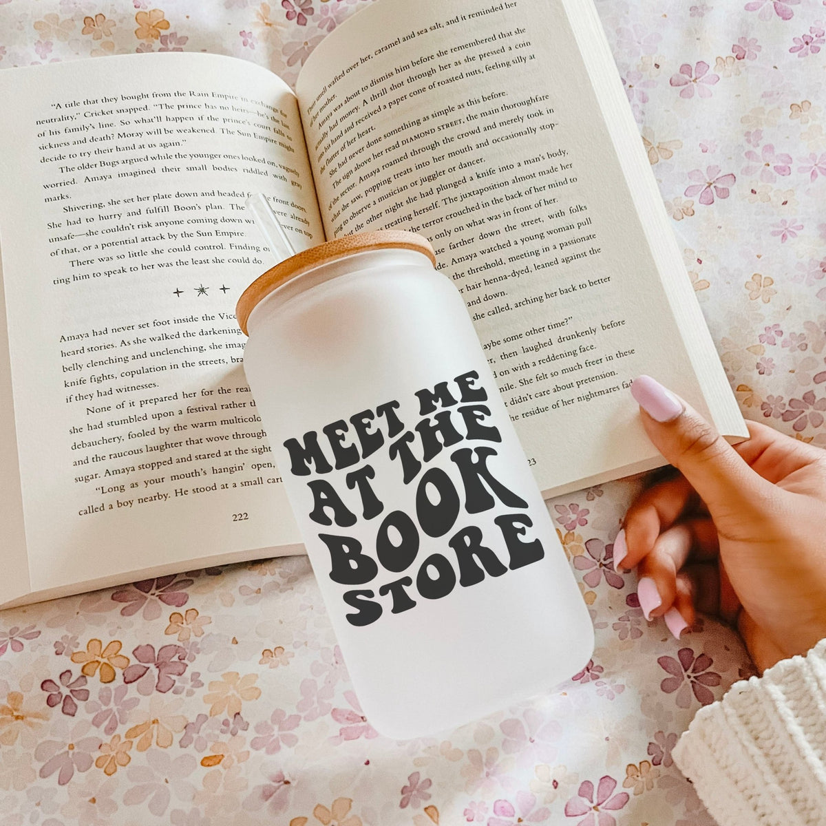 Meet Me at the Bookstore Frosted Glass Cup with Bamboo Lid and Straw | Bookish Drinkware Perfect for Bookstore Trips - Starry Skies Austin
