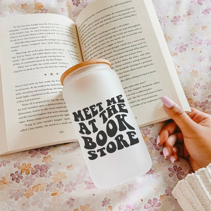 Meet Me at the Bookstore Frosted Glass Cup with Bamboo Lid and Straw | Bookish Drinkware Perfect for Bookstore Trips - Starry Skies Austin