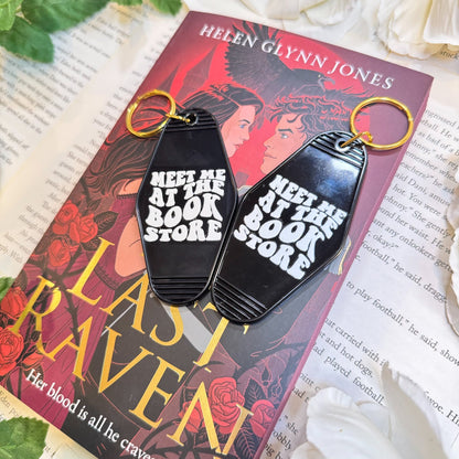 Meet Me at the Bookstore Motel Keychain - Retro Double-Sided UVF Decal for Book Lovers and Bookstore Adventures - Starry Skies Austin