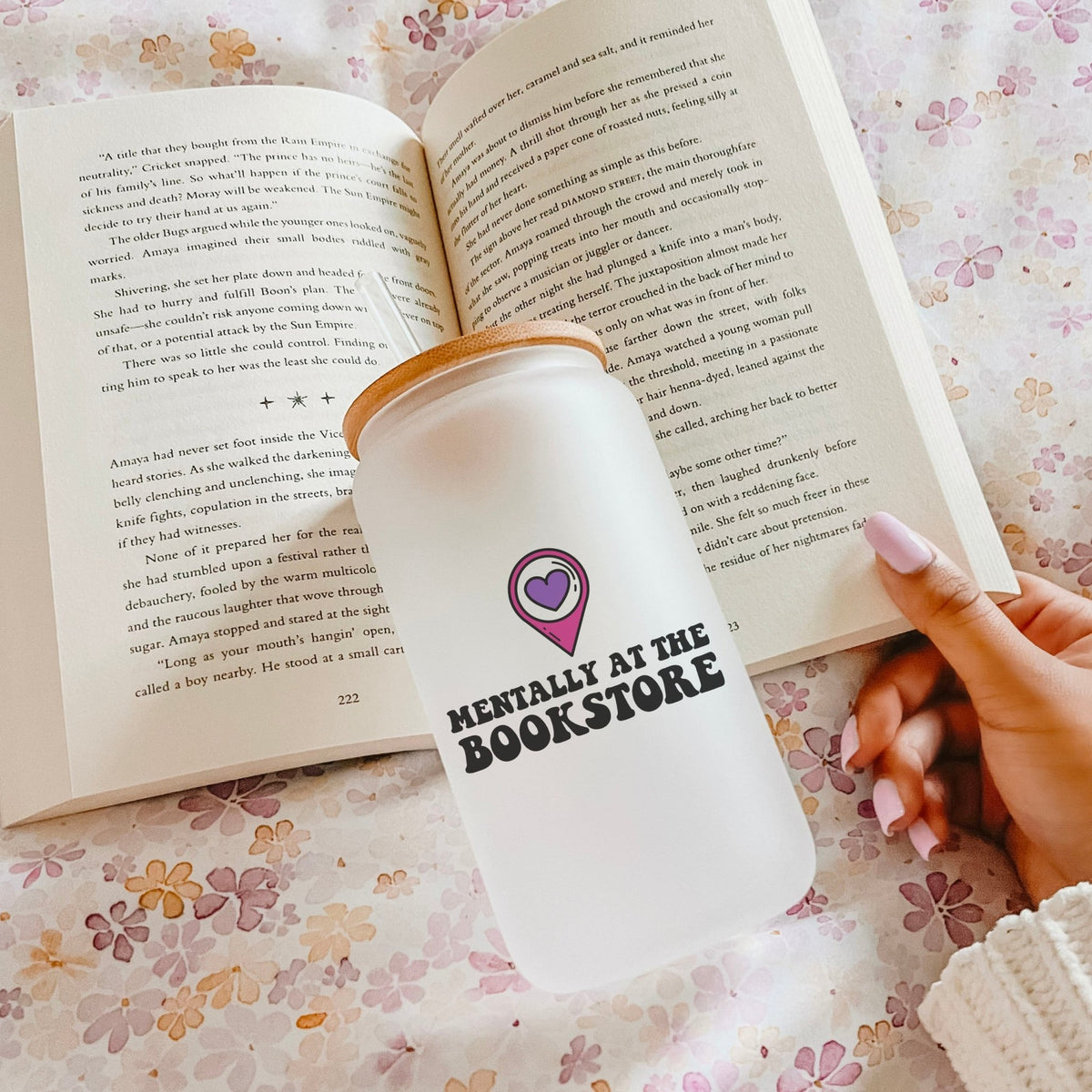 Mentally at the Bookstore Frosted Glass Cup with Bamboo Lid & Straw | Bookish Drinkware - Starry Skies Austin