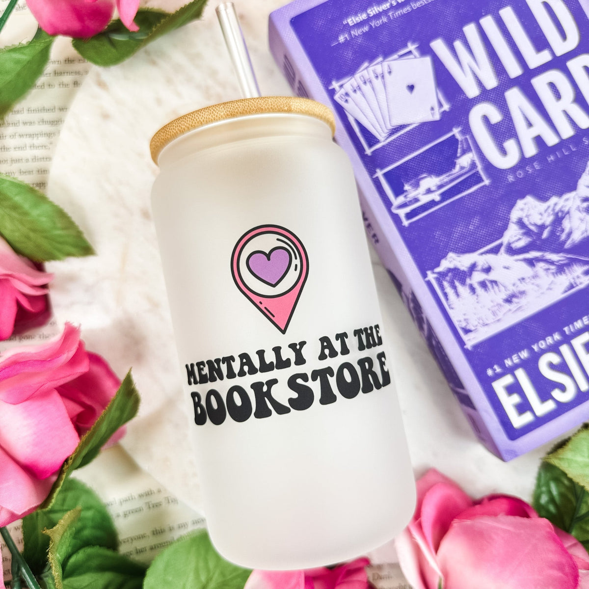 Mentally at the Bookstore Frosted Glass Cup with Bamboo Lid & Straw | Bookish Drinkware - Starry Skies Austin