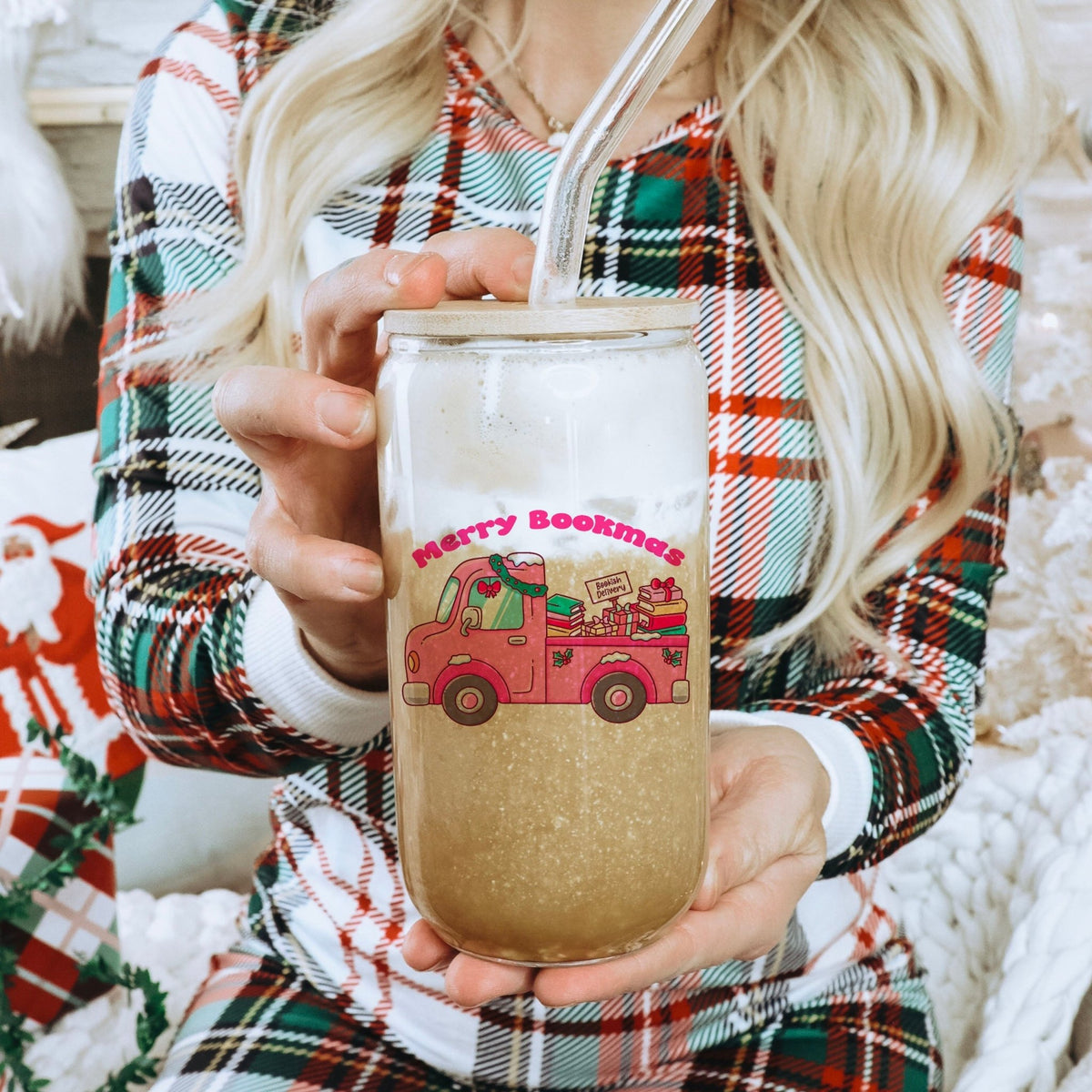 Merry Bookmas Holiday Book Truck Clear Glass Cup with Bamboo Lid and Straw - Starry Skies Austin