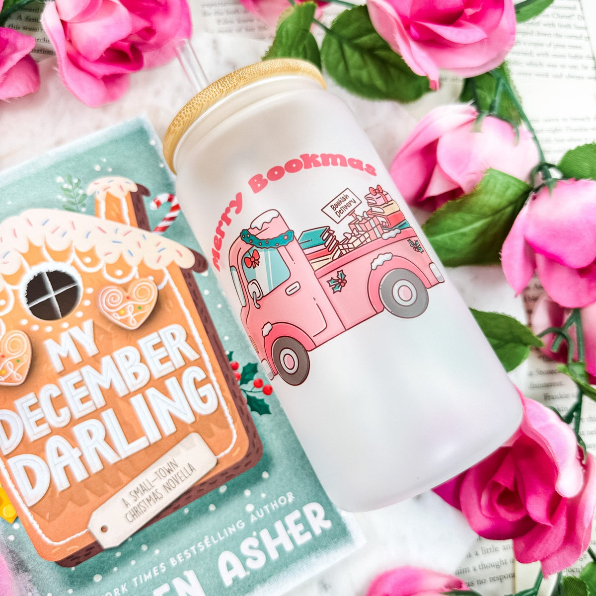 Merry Bookmas Holiday Book Truck Frosted Glass Cup With Bamboo Lid And Straw - Starry Skies Austin