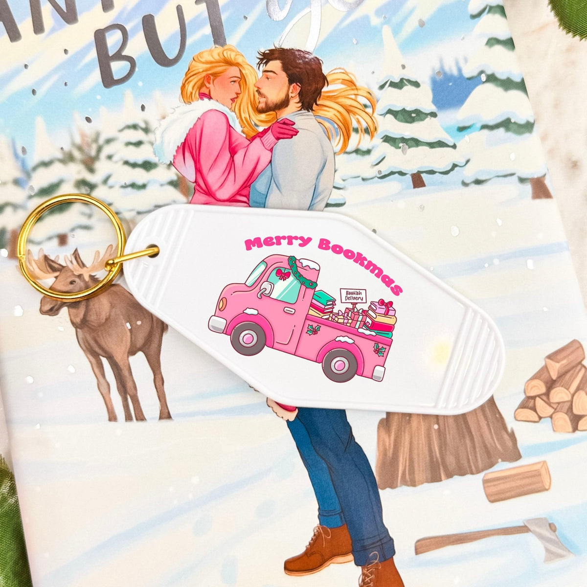 Merry Bookmas Holiday Book Truck Motel Keychain - Starry Skies Austin