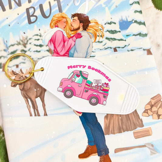 Merry Bookmas Holiday Book Truck Motel Keychain - Starry Skies Austin