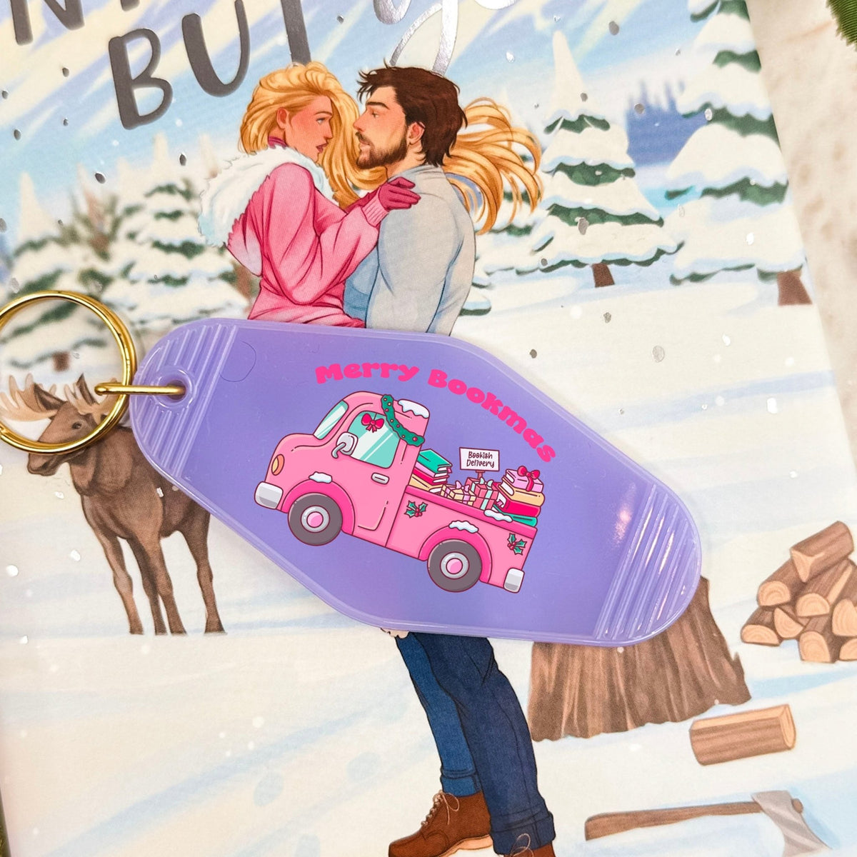 Merry Bookmas Holiday Book Truck Motel Keychain - Starry Skies Austin
