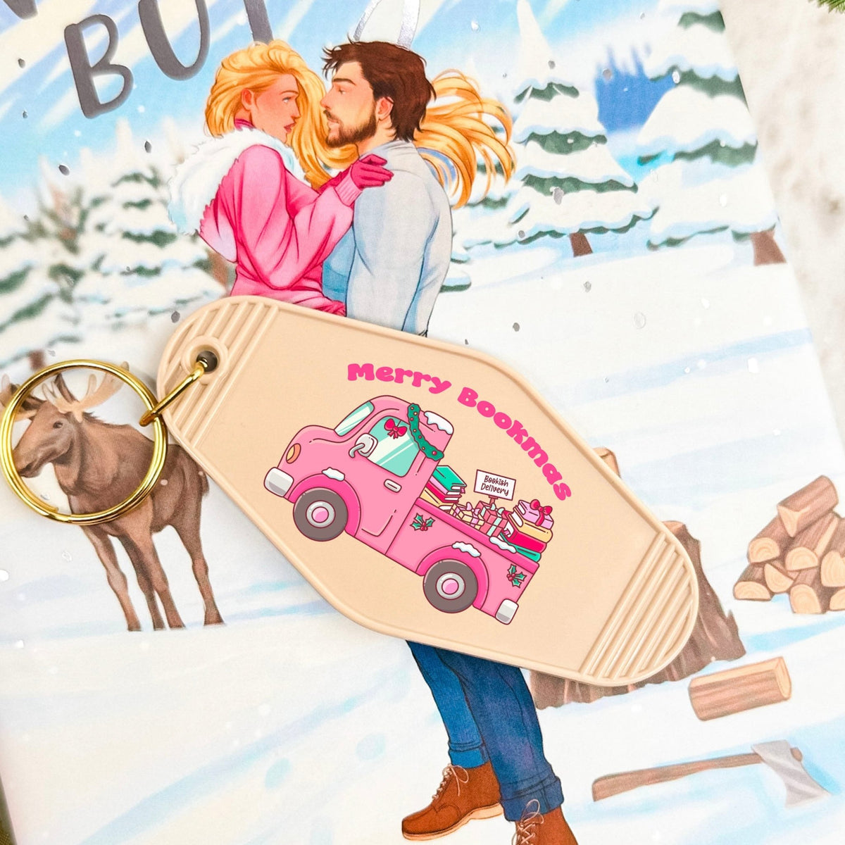 Merry Bookmas Holiday Book Truck Motel Keychain - Starry Skies Austin