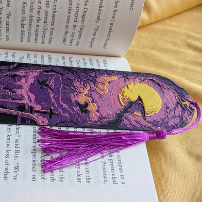 Moonlit Graveyard Purple Bookmark Art Keepsake - Starry Skies Austin