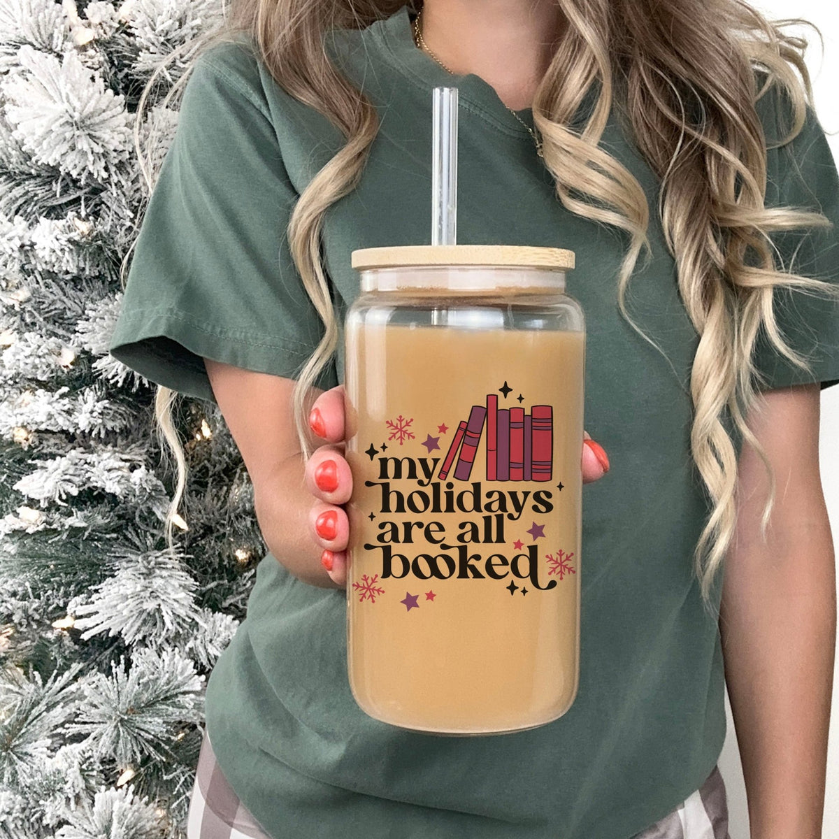My Holidays Are All Booked Clear Glass Cup with Bamboo Lid and Straw - Bookish Holiday Drinkware - Starry Skies Austin