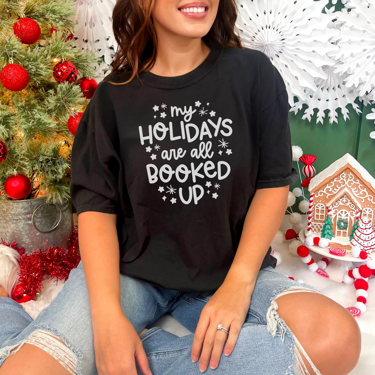 My Holidays Are All Booked Up - Comfort Colors Premium Bookish Christmas Shirt - Starry Skies Austin