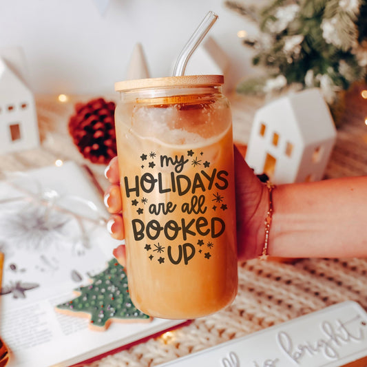 My Holidays Are All Booked Up Glass Cup – Bookish Gift with Bamboo Lid & Straw - Starry Skies Austin